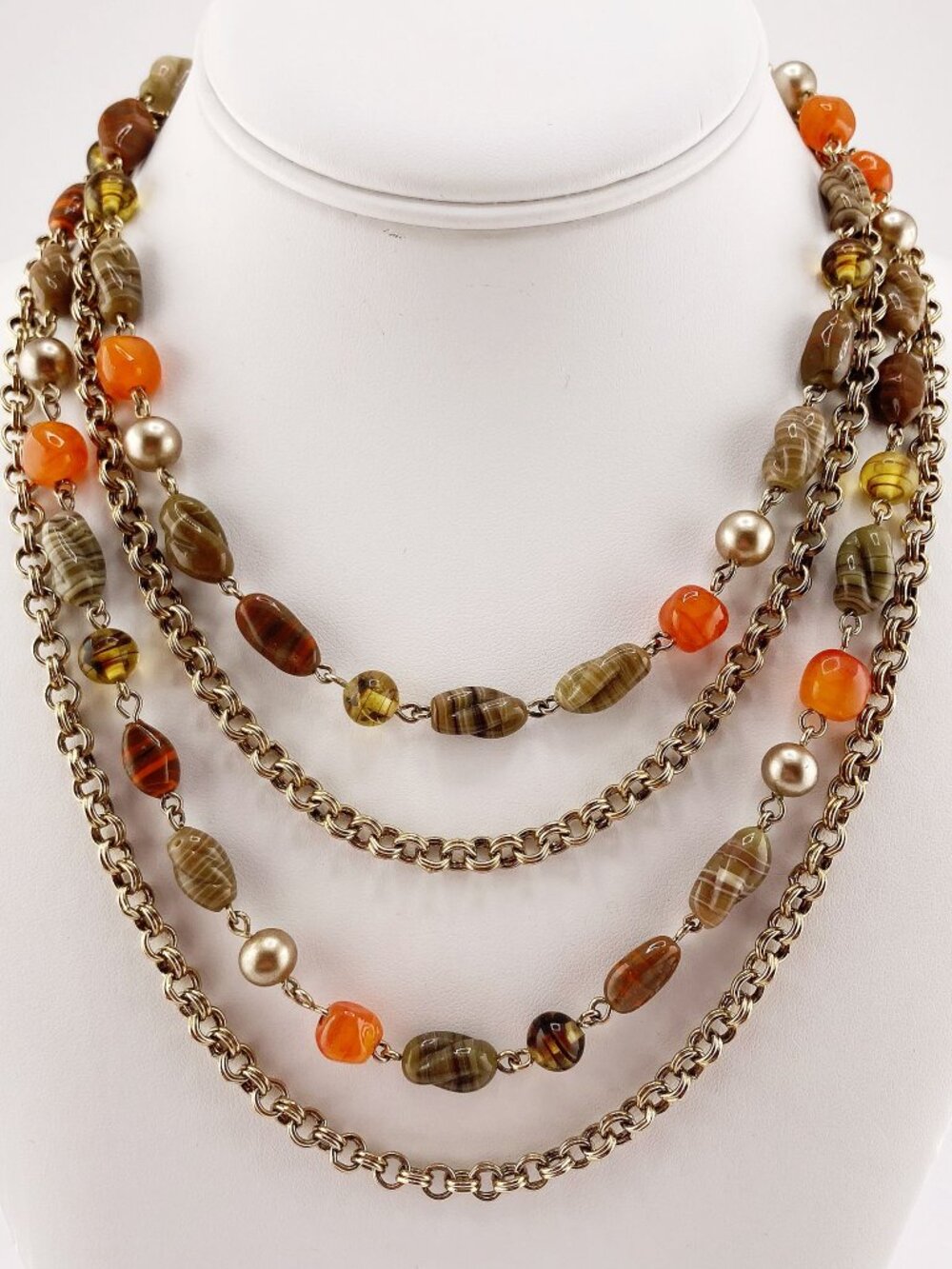 VINTAGE Orange brown graduated length four-strand chain bead necklace jewelry